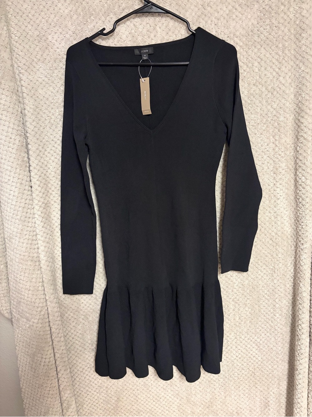 J. Crew Black V-Neck Long Sleeve Knit Dress with Flared Hem